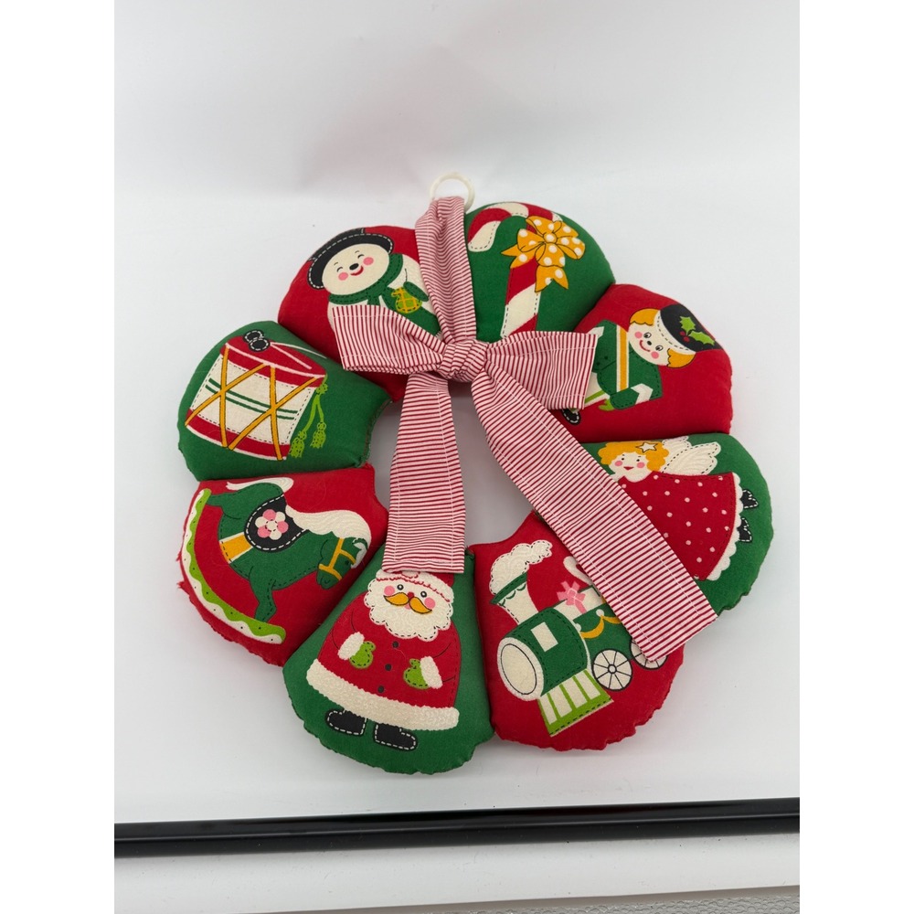 Vintage Handmade Stuffed Fabric Christmas Wreath Santa Snowman Angel 13 Inch